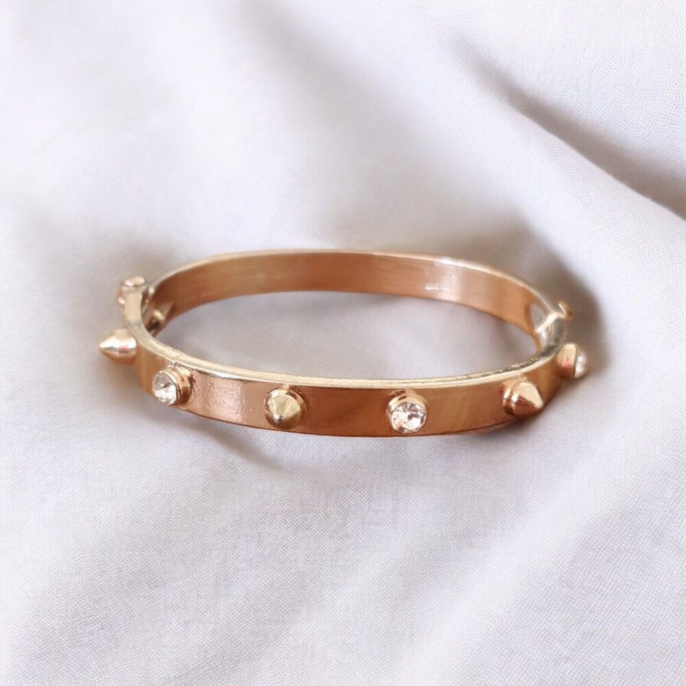 Womens Cuff Bracelet Spikes and Rhinestone Gold Tone